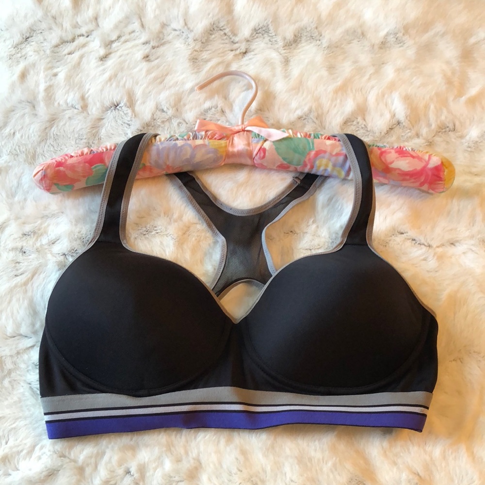 Gray, Black and Purple Racerback Sports Bra with Supportive Straps